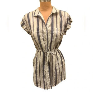 Japna Linen Blend Blue White Striped Belted Shirtdress Women’s Size Medium